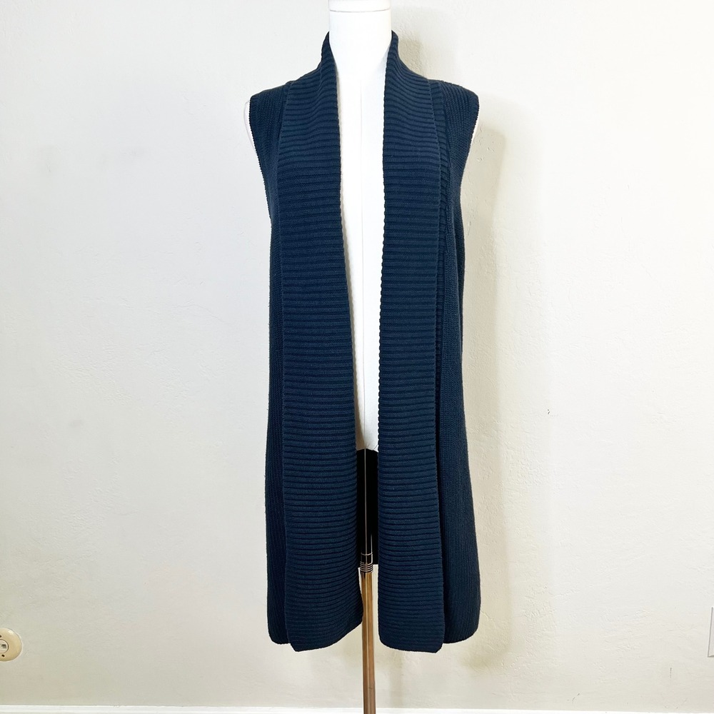 525 America Navy Blue Ribbed Knit Longline Open Front Duster Vest Size Medium
